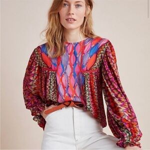 Anthropologie Multicolor Patterned Puff-Sleeve Blouse - Red, Pink, Blue, Purple